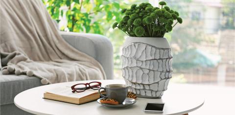 A coffee table with a book, a cup of coffee, plant and reading glasses.